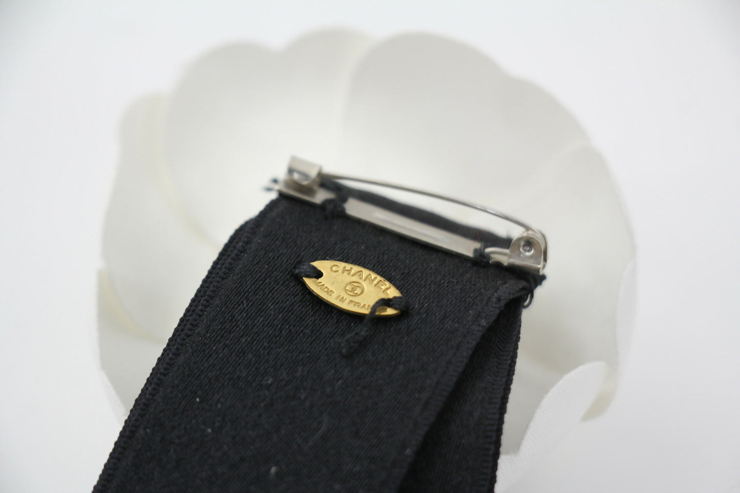 Chanel Vintage 81-85 Satin Fabric Black Camellia Ribbon Brooch