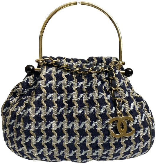 Rare Chanel 05P Runway Navy Blue Beige Tweed Top Handle Basket Bag