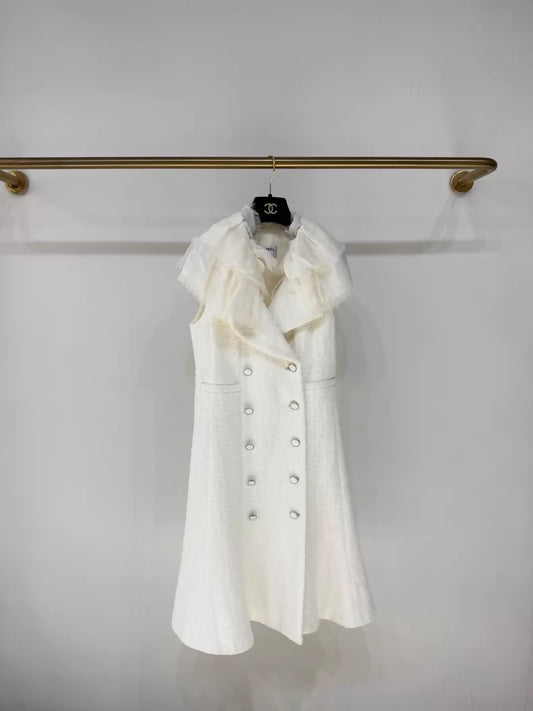 Chanel 25S ecru Ruffled Vest Dress Jacket