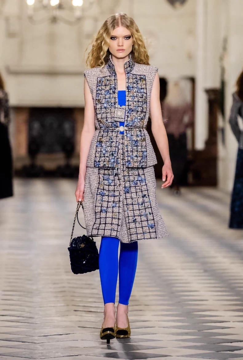 Chanel 21A khaki and blue sequined embroidered vest