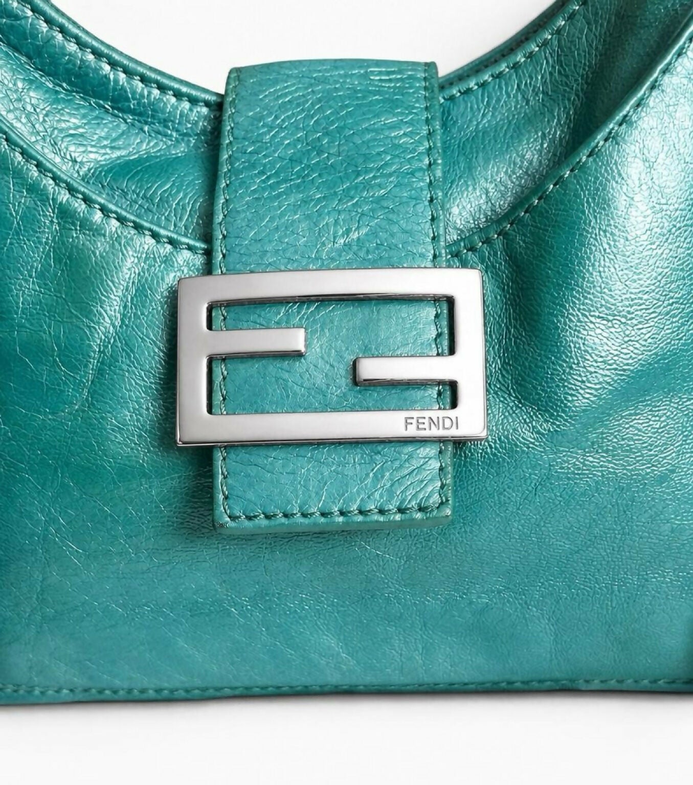 Rare Vintage Fendi Metallic Tiffany Blue Leather Sweet Hobo Baguette Bag SHW