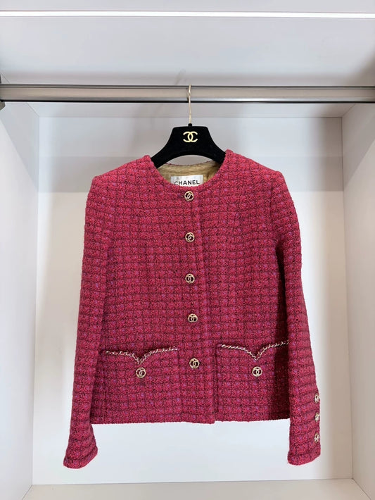 Chanel 23B Red and Gold Button Tweed Jacket