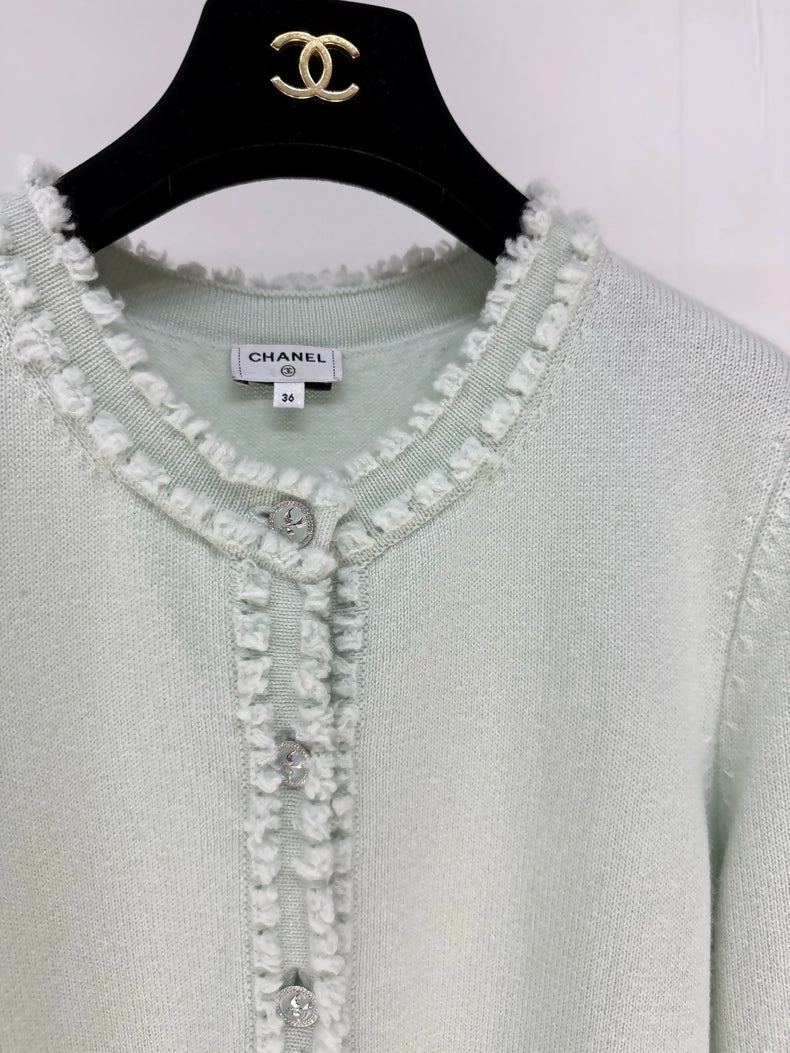 Chanel 25S mint green lace cardigan