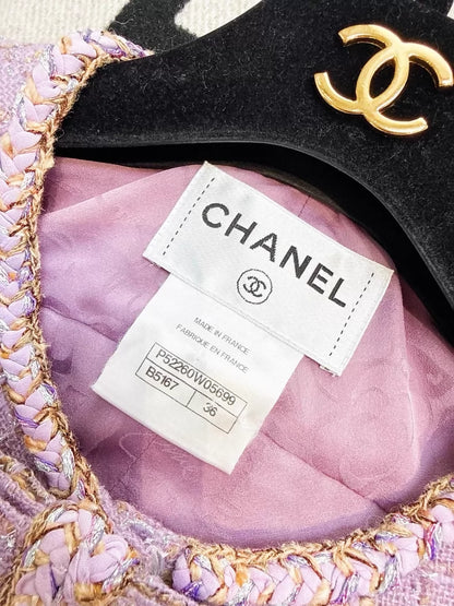 Chanel 15b Pinkish-purple tweed pleated silk dress with bow detail