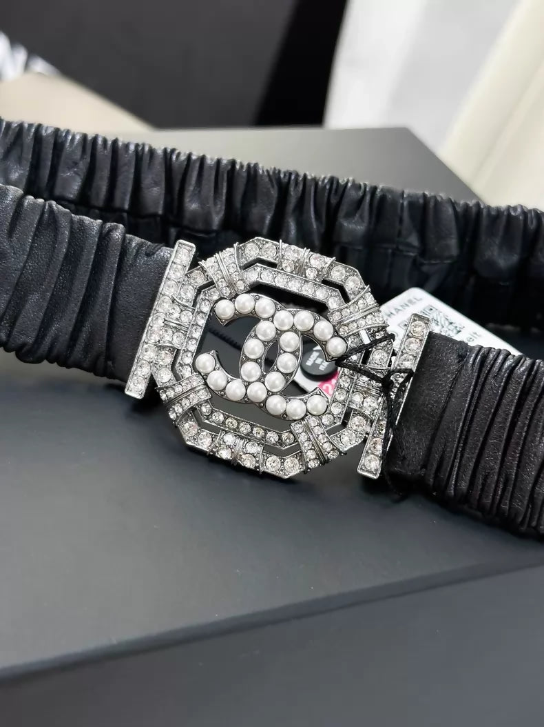 Chanel 21A lambskin elastic belt with rhinestone and pearl hardware