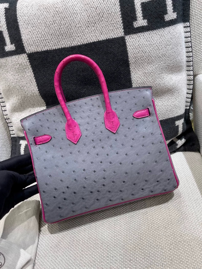 Hermes Birkin 25 agate grey and rose fuchsia ostrich leather palladium hardware