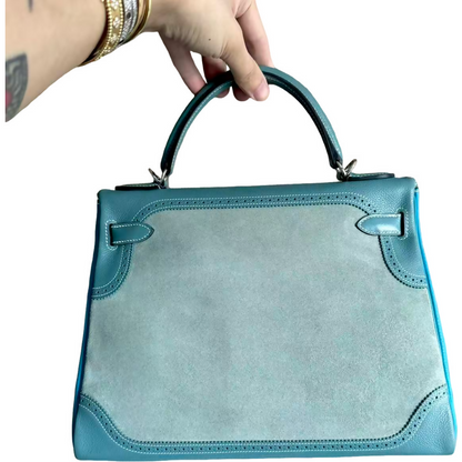 Hermes vintage Kelly 32 lace collection in suede denim blue