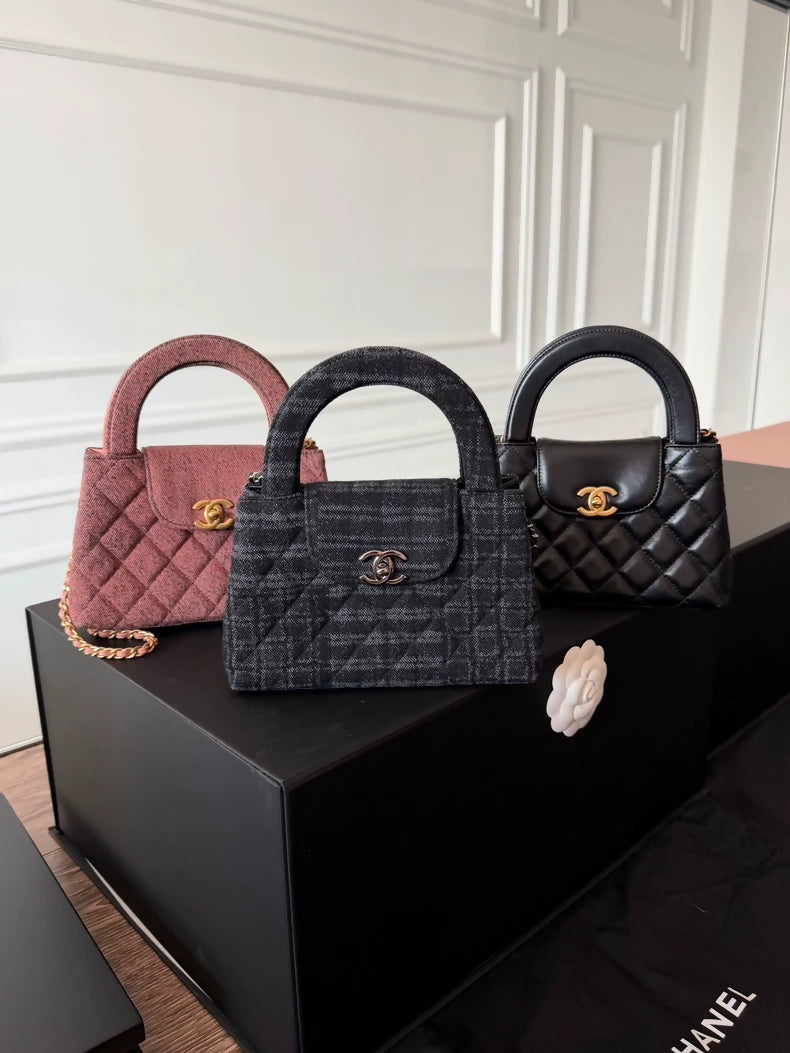 Chanel 24A black and grey plaid denim Kelly