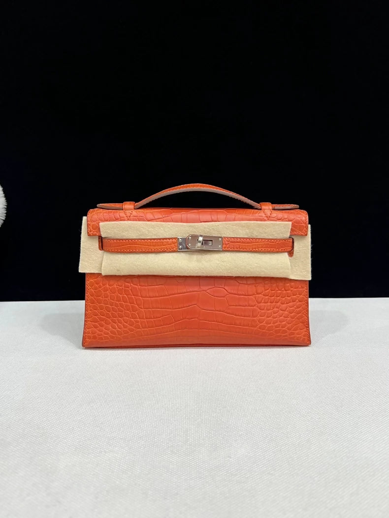 Hermes Kelly pochette Indian red matte alligator leather with palladium hardware