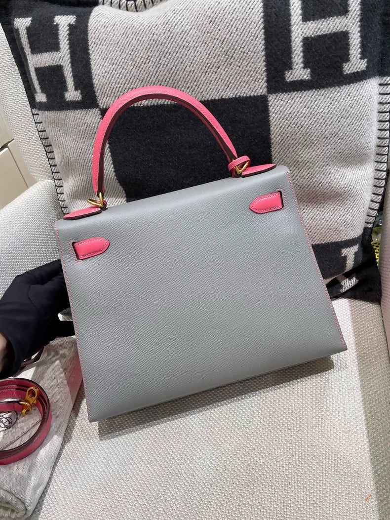 Hermes Kelly 28 Grey & Pink Epsom Leather with brushed gold hardware