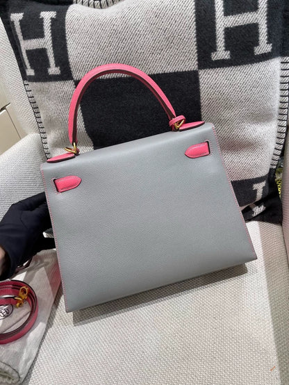 Hermes Kelly 28 Grey & Pink Epsom Leather with brushed gold hardware