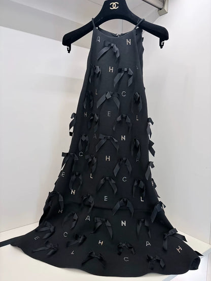 Chanel 23s Black 3D Bow Rhinestone Logo Dress
