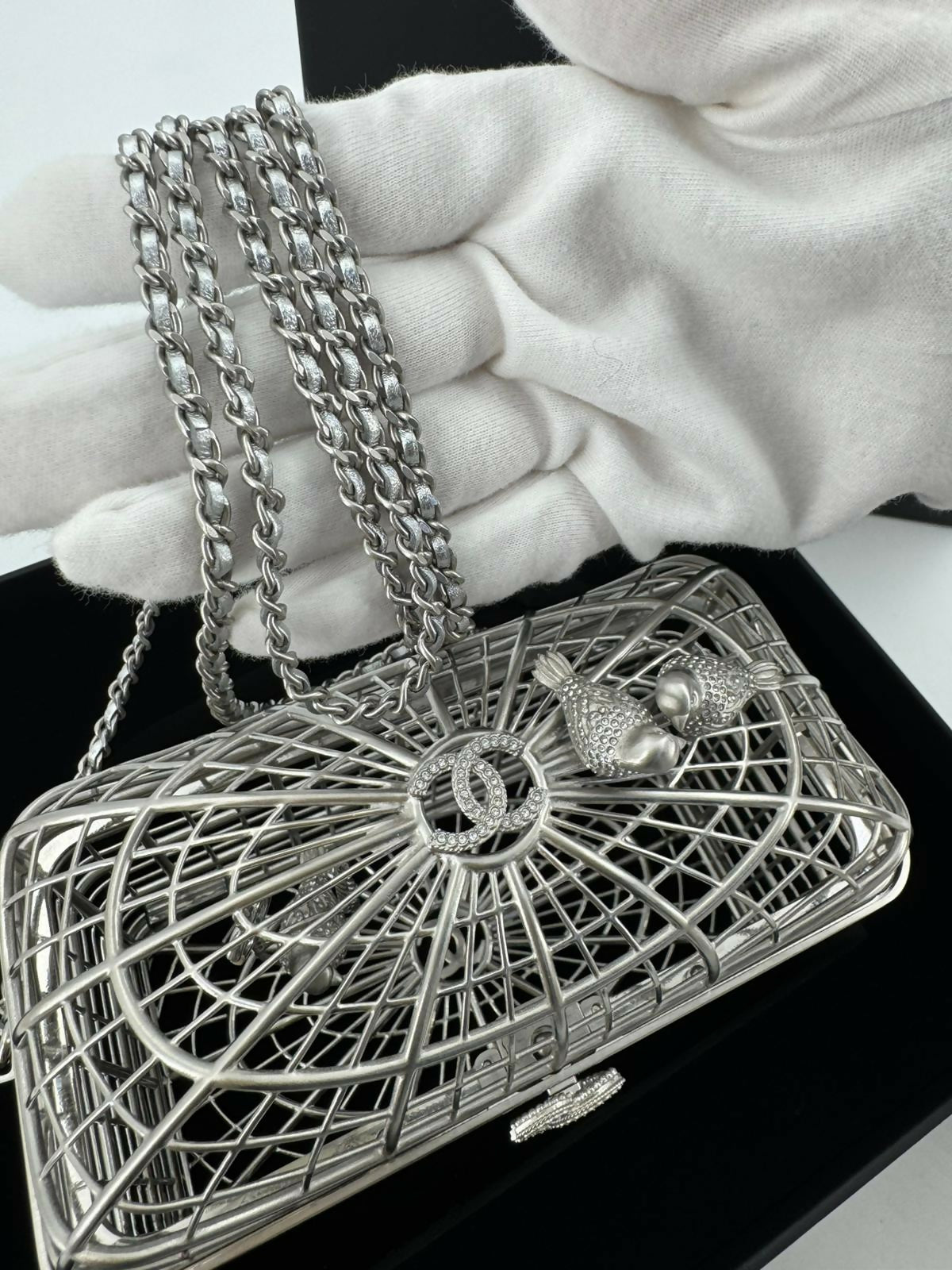 Chanel 2025 Rhinestone and Metal Embellishments Sliver Birdcage Minaudière Bag