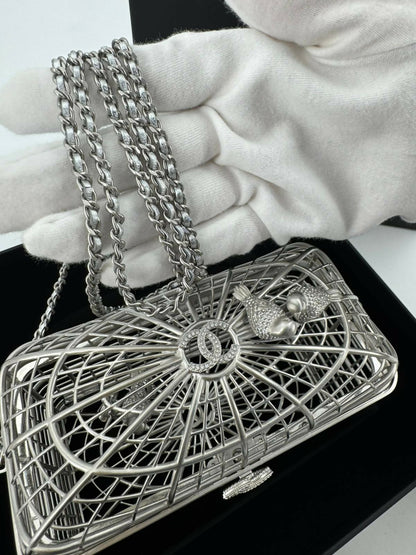 Chanel 2025 Rhinestone and Metal Embellishments Sliver Birdcage Minaudière Bag