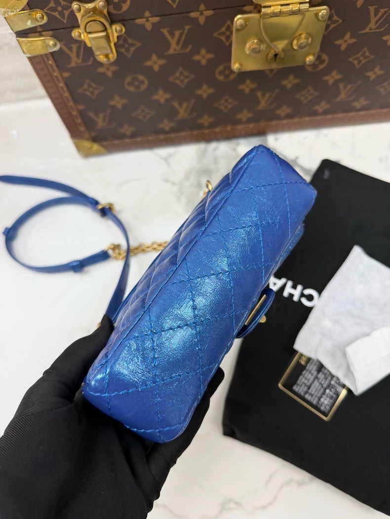 Chanel 2.55 Blue and Gold Vintage Pleated Leather Chain Bag