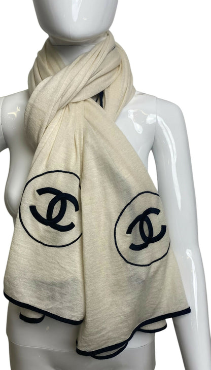 Chanel XL Ivory Black Cashmere Double CC Stole Shawl Scarf