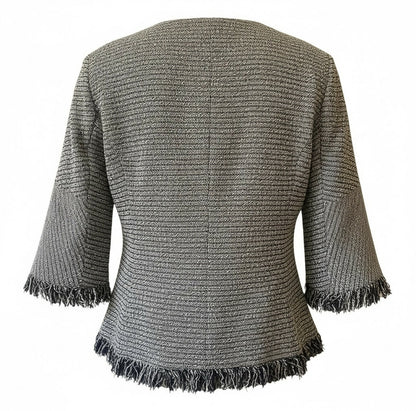 Chanel 18P Black White Ecru Boucle Tweed Fringe Jacket FR 44