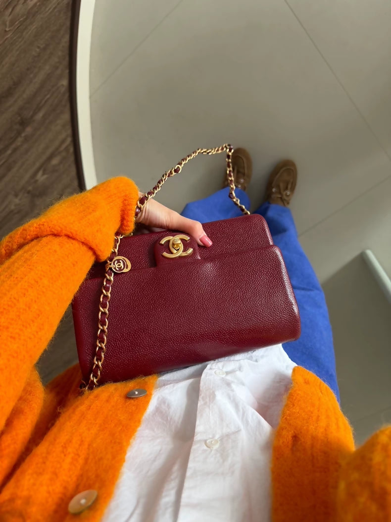 Chanel grained leather burgundy red gold hardware