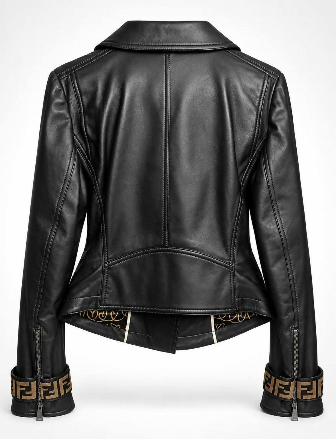 Fendi Black Leather Zucca Velvet Trim Biker Jacket