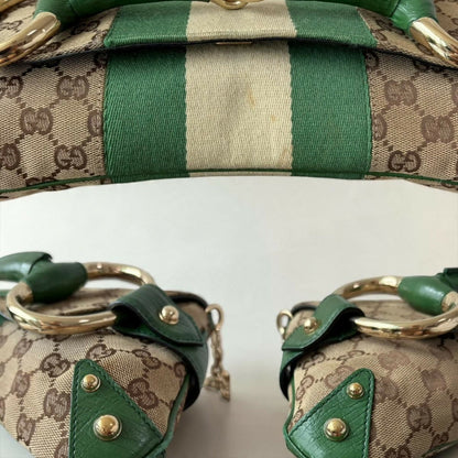 Gucci Large 1955 Tom Ford Classic Green Ivory GG Monogram Horsebit Clutch Handbag Gold hardware