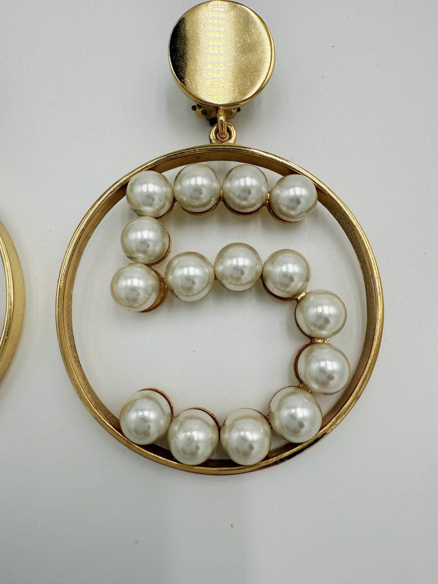 Chanel 1980s Runway Vintage Gold Plated Faux Pearl Circle No.5 Dangle Earrings