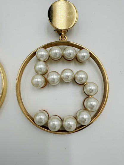 Chanel 1980s Runway Vintage Gold Plated Faux Pearl Circle No.5 Dangle Earrings