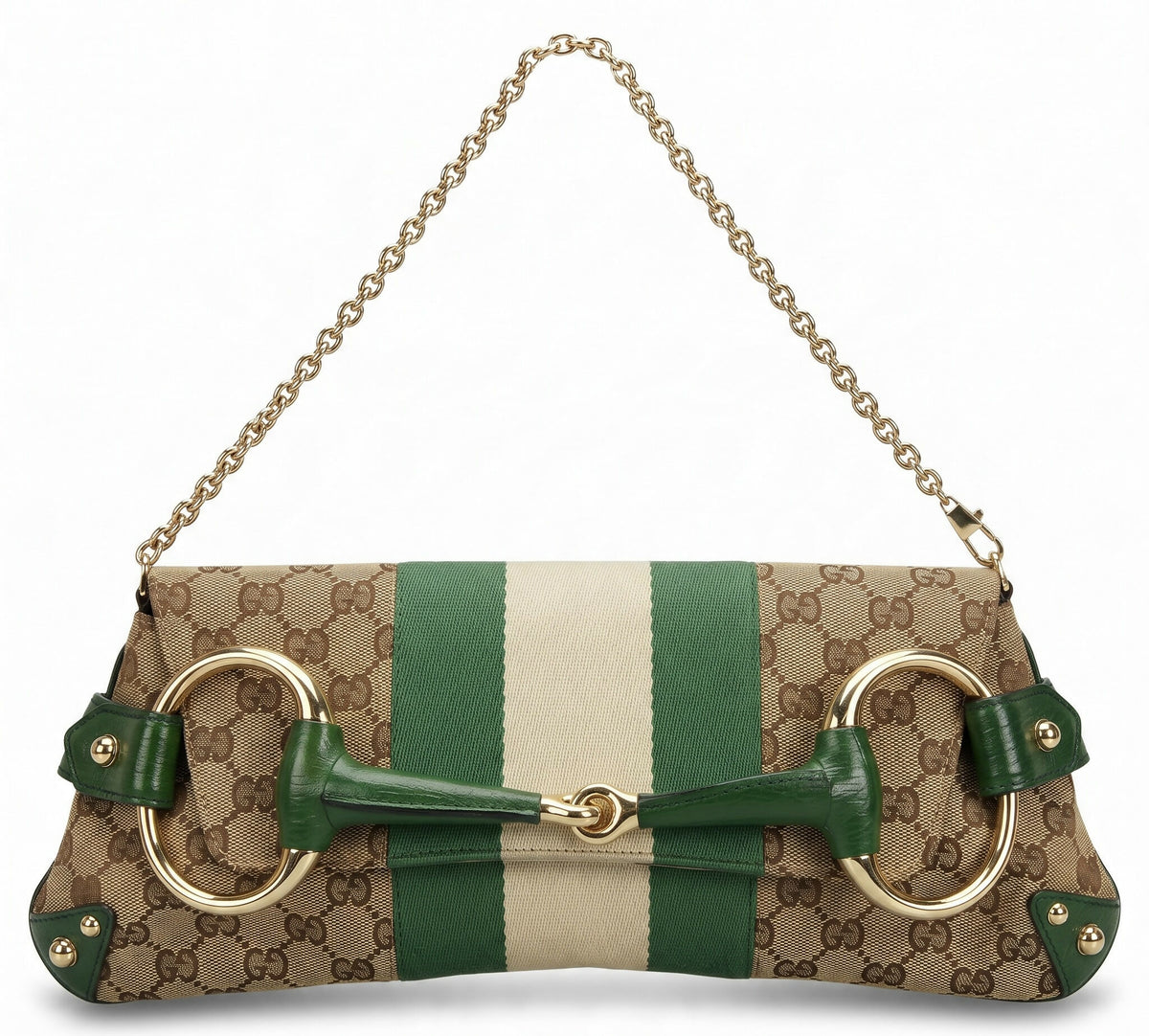 Gucci Large 1955 Tom Ford Classic Green Ivory GG Monogram Horsebit Clutch Handbag Gold hardware