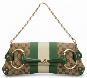 Gucci Large 1955 Tom Ford Classic Green Ivory GG Monogram Horsebit Clutch Handbag Gold hardware