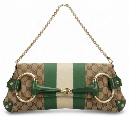 Gucci Large 1955 Tom Ford Classic Green Ivory GG Monogram Horsebit Clutch Handbag Gold hardware