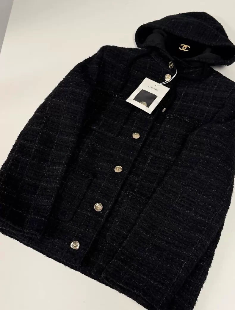 Chanel 25B black tweed hooded jacket