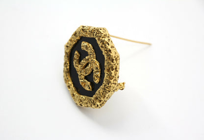 Chanel Vintage 93A Lava Octagonal CC Logo Black and Gold Tone Brooch