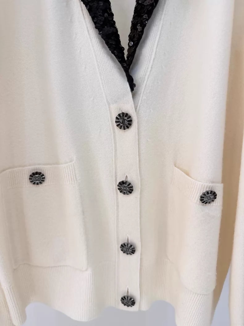 Chanel 23C ecru black sequined cardigan
