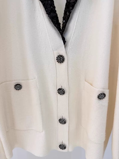 Chanel 23C ecru black sequined cardigan