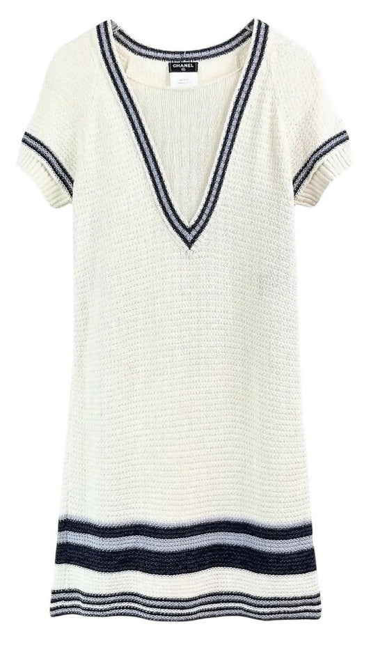 Chanel 14C Ecru Navy Black Varsity Knit Dress FR 44