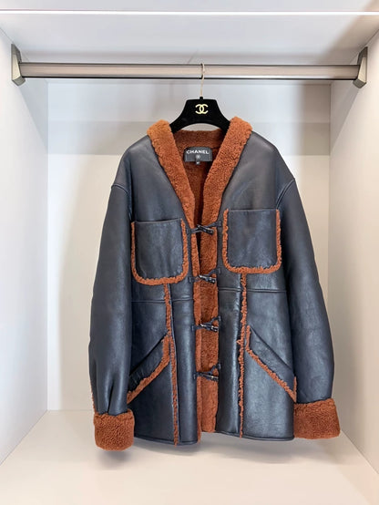 Chanel 23K black & brown shearling and lambskin coat