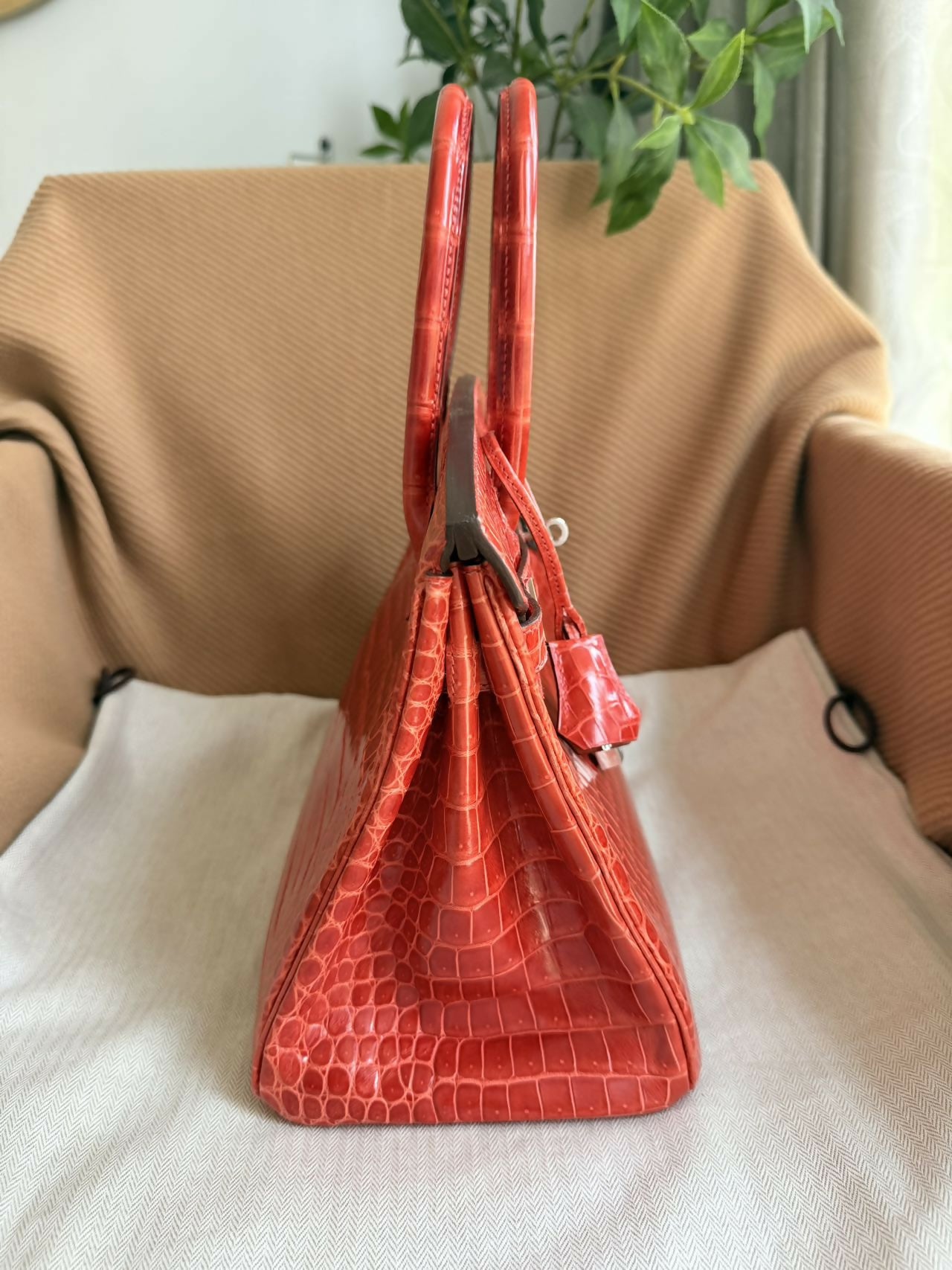 Hermes Birkin 35 Braise shiny croc white gold diamond hardware