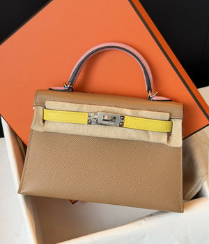 Hermès Tricolor Mini Kelly 20 Biscuit, Jaune Citron & Mauve Sylvestre Epsom Leather with Palladium Hardware