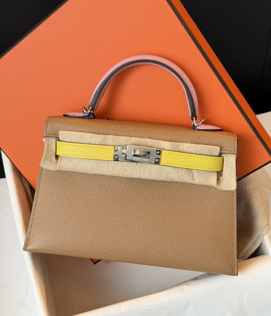 Hermès Tricolor Mini Kelly 20 Biscuit, Jaune Citron & Mauve Sylvestre Epsom Leather with Palladium Hardware
