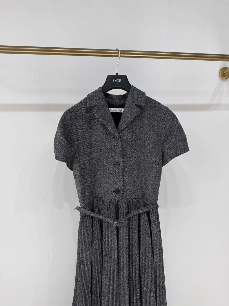 Dior 24 Early Spring Grey Pleated Elegant Full Skirt Dress