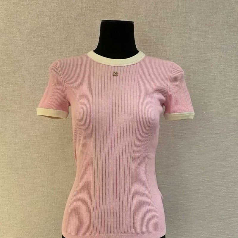 Chanel 25M White & Pink Cotton CC Ribbed Logo Shirt Size 38