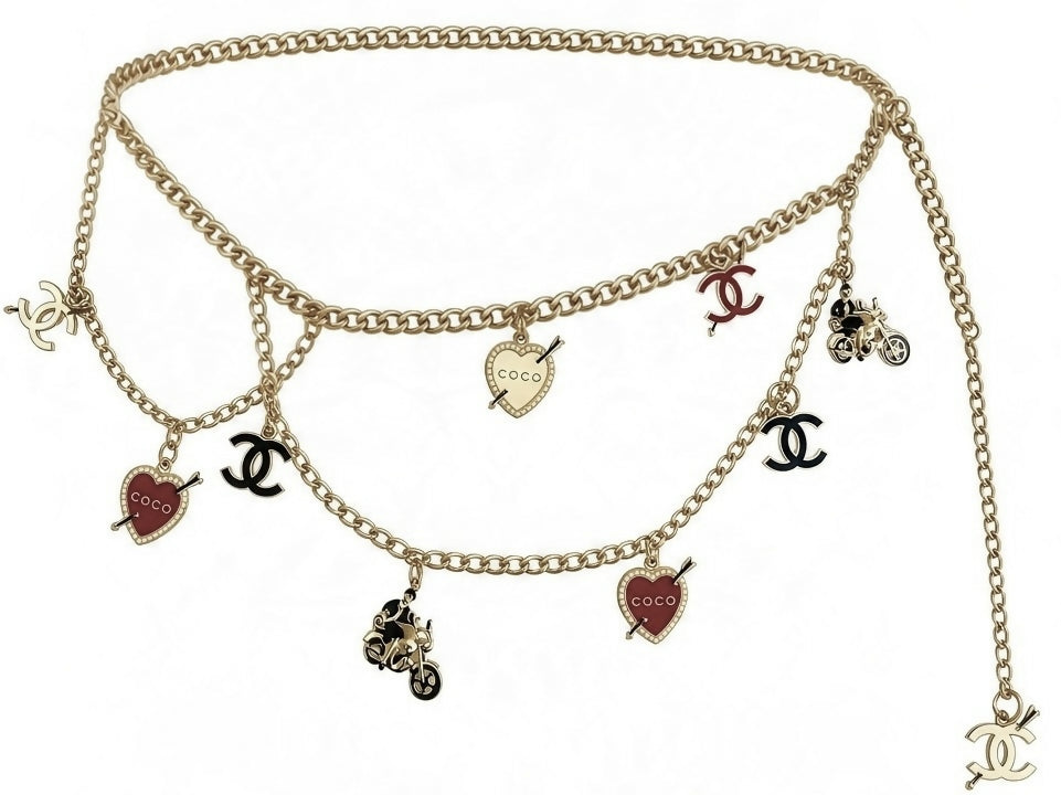 Chanel 10P Coco Hearts Motorcycle Charms Chain Link Necklace/Belt Gold hardware
