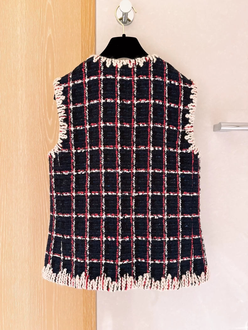 Chanel 19K Red and Blue Check Tweed Vest