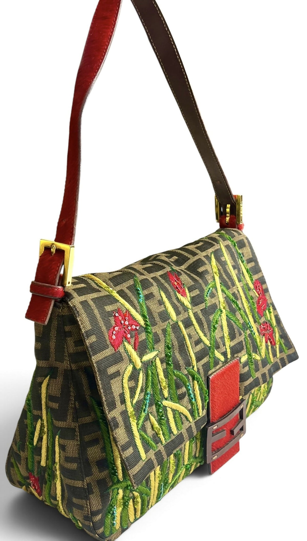FENDI Garden Floral Embroidered Beaded Pony Hair Zucca FF Mamma Baguette Bag