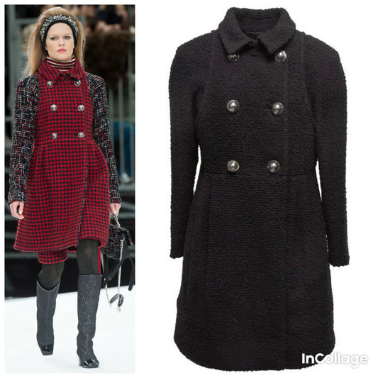 Chanel 17A Space Station Black Boucle Wool Double Breast Long Wool Coat FR 38