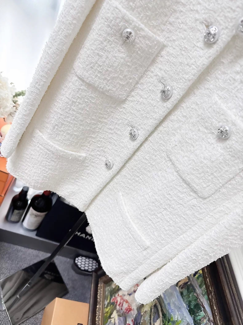 Chanel 23s White Woven Four-Pocket Rhinestone Button Tweed Jacket