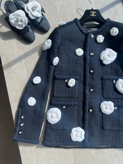 Chanel 23k black tweed white camelia jacket