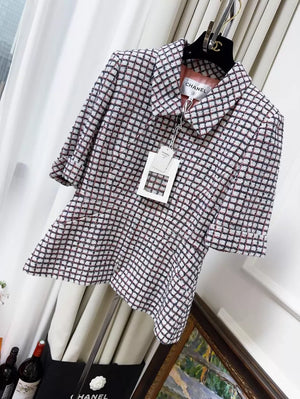 Chanel 19S Red and Blue Check Tie-Waisted Tweed Jacket