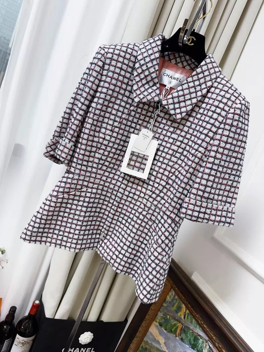 Chanel 19S Red and Blue Check Tie-Waisted Tweed Jacket