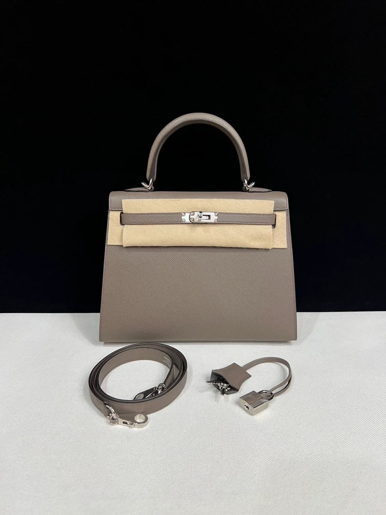 Hermes Kelly 25 Grid Etain Epsom Leather Palladium Hardware