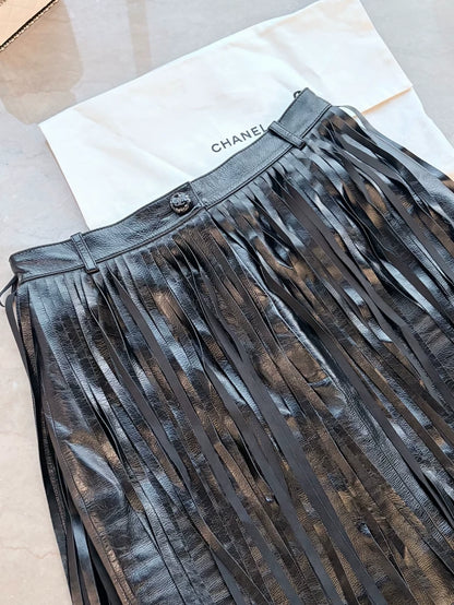 Chanel 22C Black Fringe Lambskin Skirt